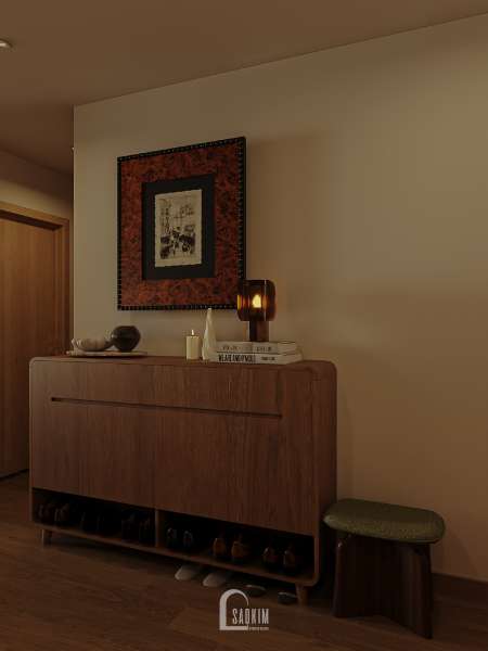 Khu vực để giày dép mang phong cách Mid-Century Modern tại thiết kế chung cư 2 ngủ The Charm
